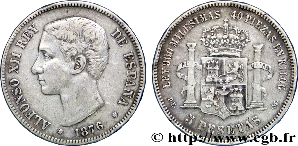 SPAIN 5 Pesetas Alphonse XII 1876 Madrid XF 