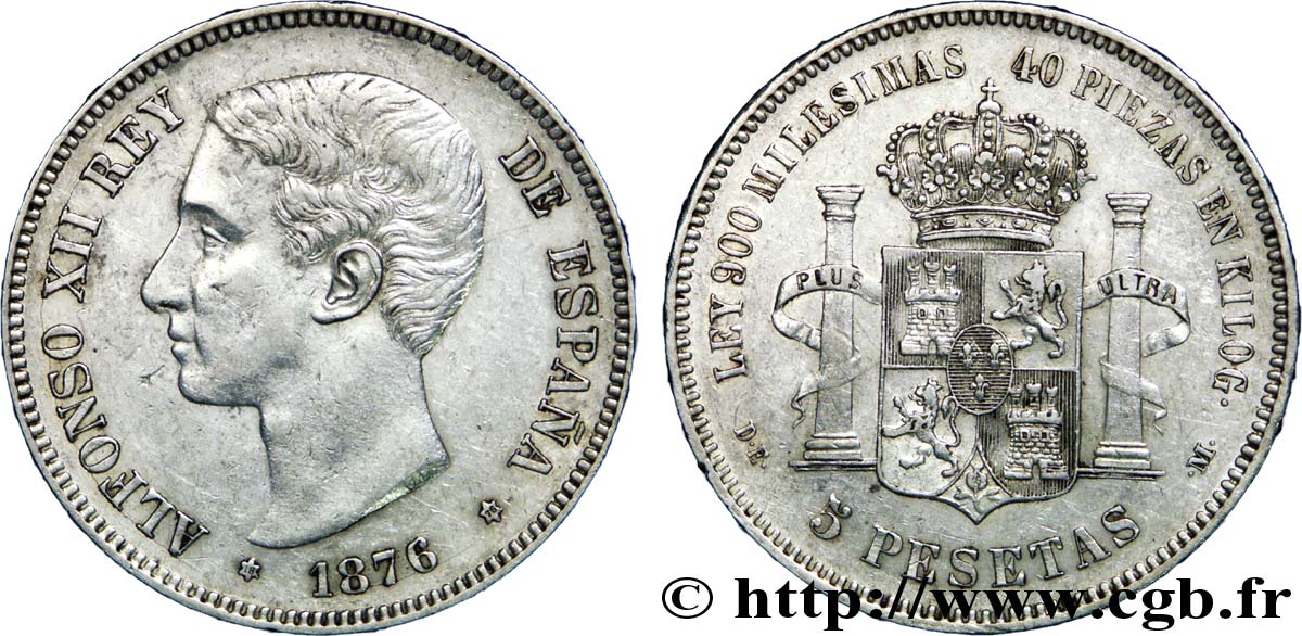 SPAIN 5 Pesetas Alphonse XII 1876 Madrid AU 