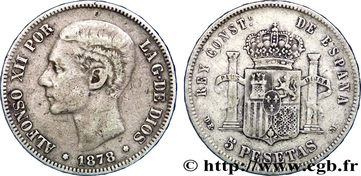 ESPAÑA 5 Pesetas Alphonse XII / emblème couronné (1878) D.E. - .M. 1878 Madrid BC 