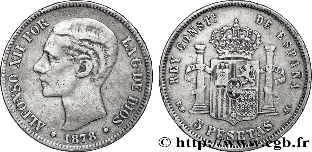 SPAIN 5 Pesetas Alphonse XII / emblème couronné (1878) E.M. - .M. 1878 Madrid VF 