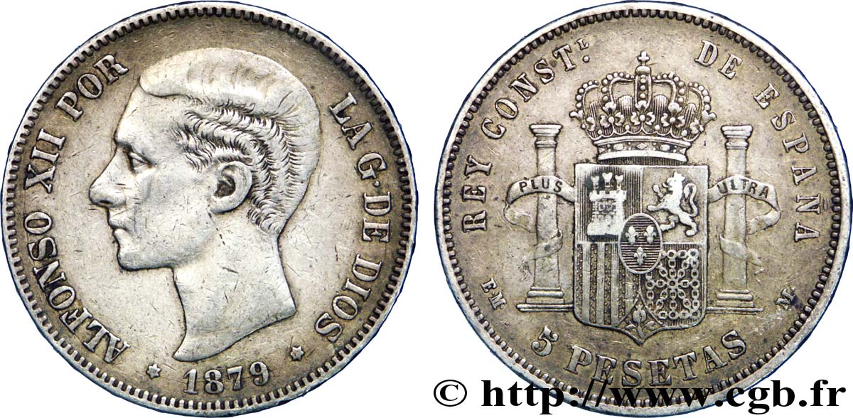 ESPAÑA 5 Pesetas Alphonse XII / emblème couronné (1879) E.M. - .M. 1879 Madrid BC 