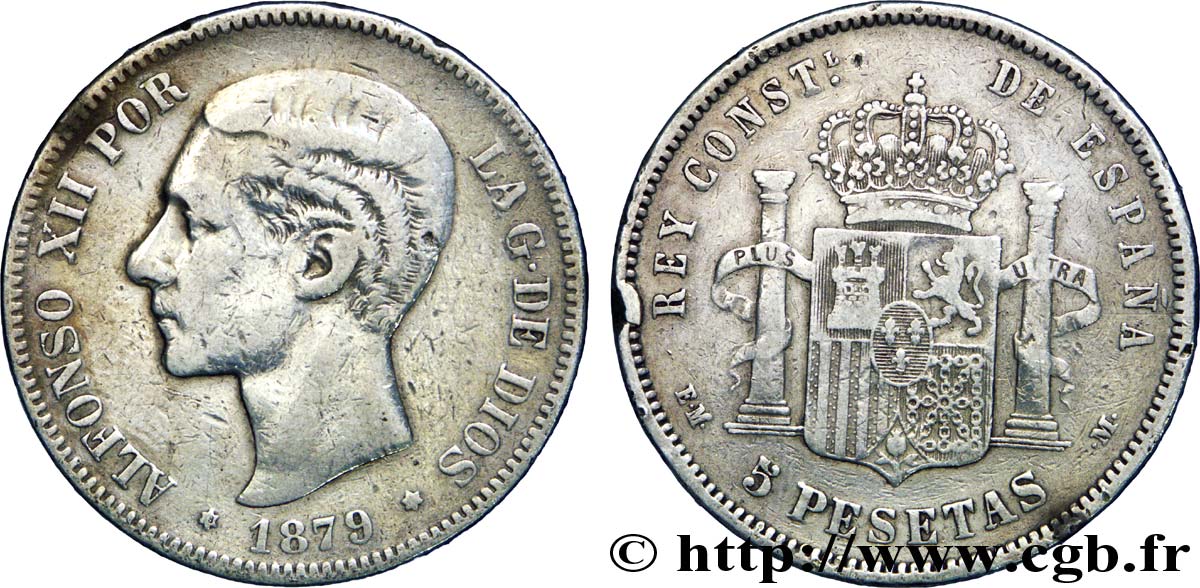 SPAGNA 5 Pesetas Alphonse XII / emblème couronné (1879) E.M. - .M. 1879 Madrid MB 