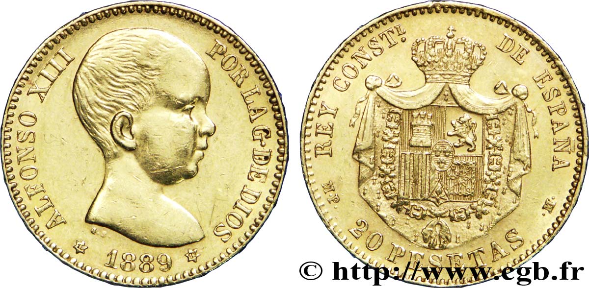 SPAIN 20 Pesetas OR Alphonse XIII buste bébé 1889 Madrid AU 