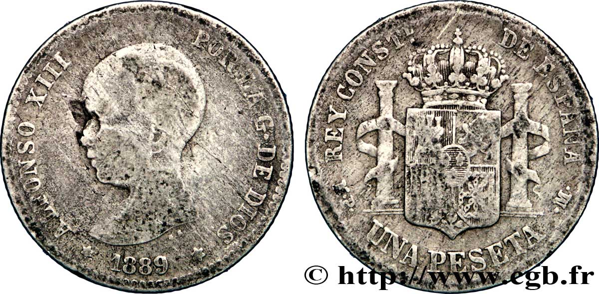 SPAGNA 1 Peseta Alphonse XIII buste bébé / emblème couronné (89) 1889 Madrid B 
