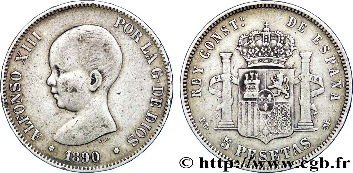 SPAIN 5 Pesetas Alphonse XIII 1er type 1890 Madrid VF 