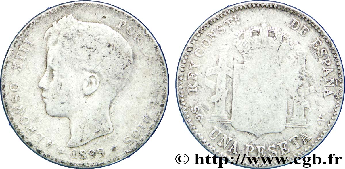 SPAGNA 1 Peseta Alphonse XIII 3e type de buste / emblème couronné 1899 Madrid q.MB 