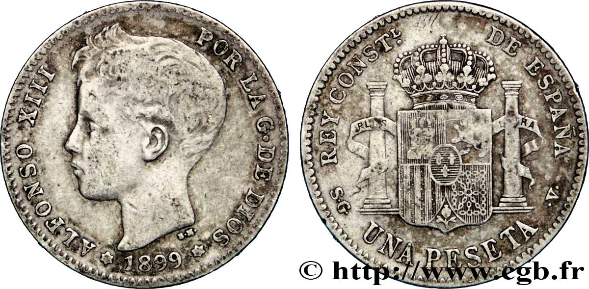 ESPAÑA 1 Peseta Alphonse XIII 3e type de buste / emblème couronné 1899 Madrid MBC 