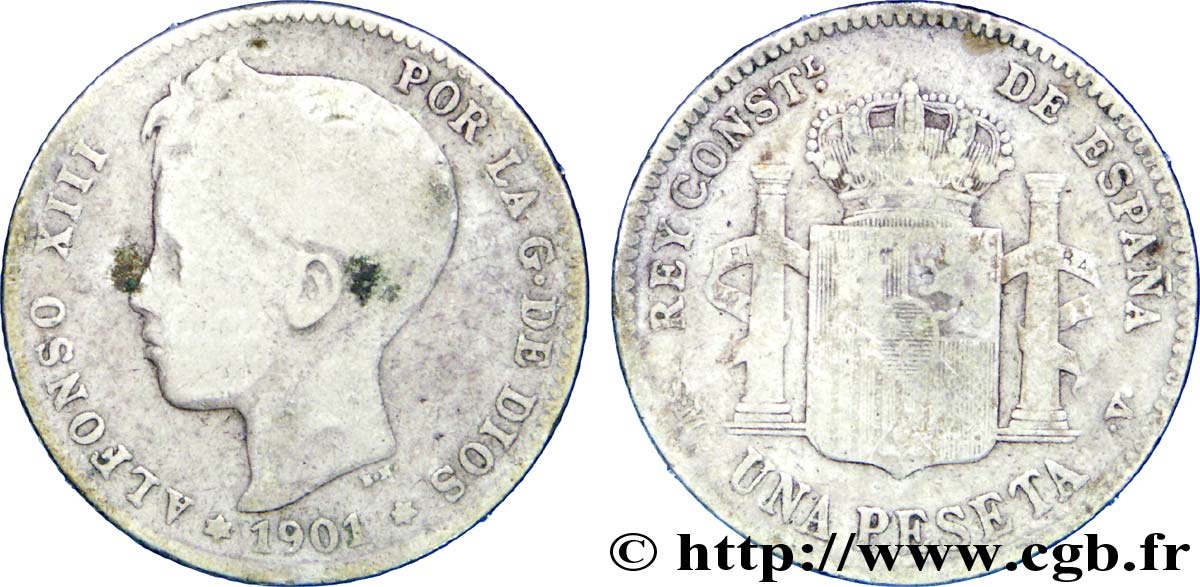 SPANIEN 1 Peseta Alphonse XIII 3e type de buste / emblème couronné 1901 Madrid SGE 