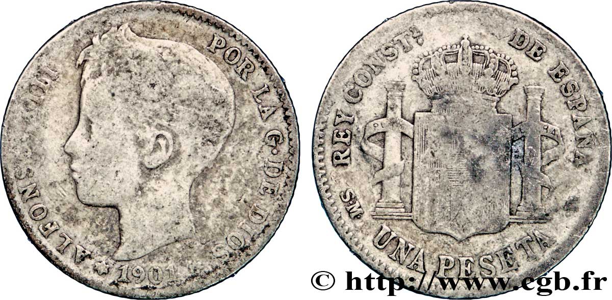 ESPAGNE 1 Peseta Alphonse XIII 3e type de buste / emblème couronné 1901 Madrid TB 