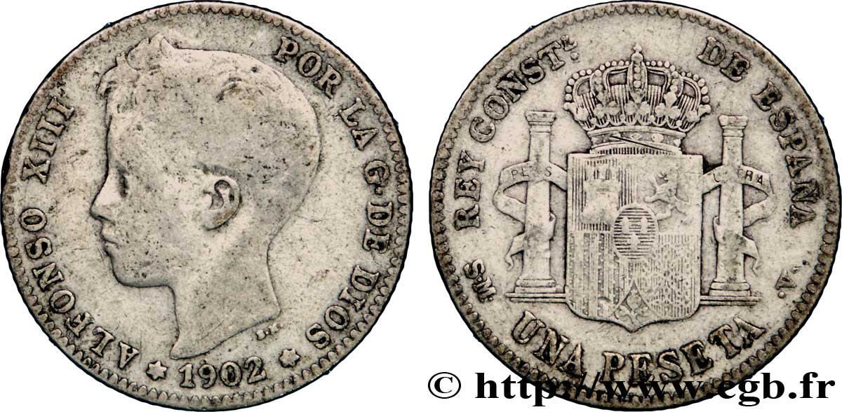 ESPAÑA 1 Peseta Alphonse XIII 3e type de buste / emblème couronné 1902 Madrid BC 