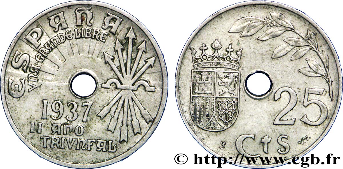 SPAGNA 25 Centimos monnayage du gouvernement nationaliste de Burgos 1937 Vienne BB 