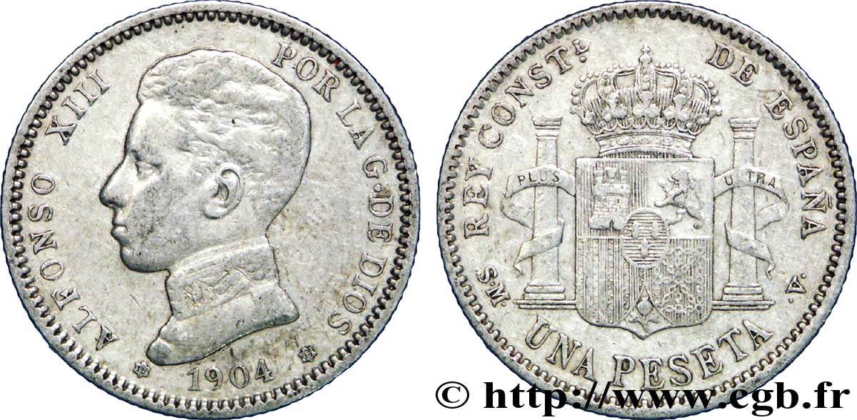 ESPAGNE 1 Peseta Alphonse XIII 4e type de buste 1904 Madrid TB+ 