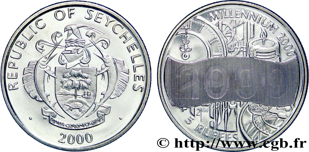 SEYCHELLES 5 Rupees millénaire emblème / horloges avec image latente 1999/2000 2000  SPL 