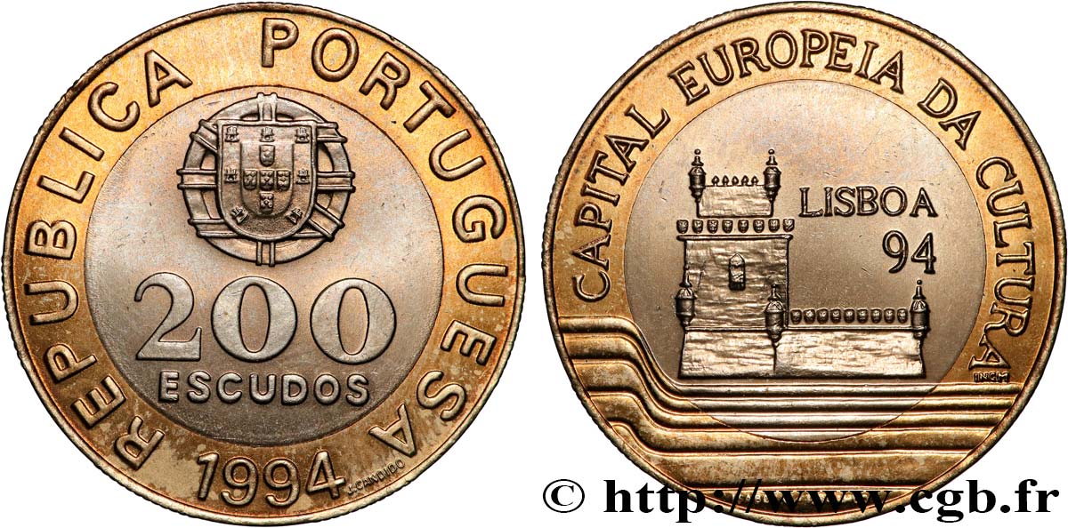PORTOGALLO 200 Escudos “Lisbonne, capitale culturelle de l’Europe” emblème / Tour de Belém 1994  MS 