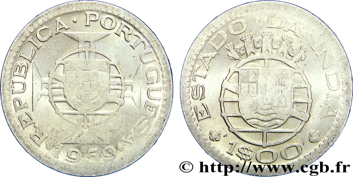 PORTUGIESISCH-INDIEN 1 Escudo emblème du Portugal / emblème de l’État portugais de l Inde 1959  fVZ 