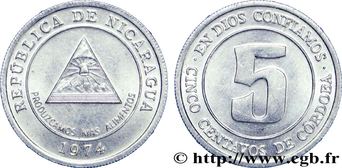 NICARAGUA 5 Centavos de Cordoba 1974  AU 