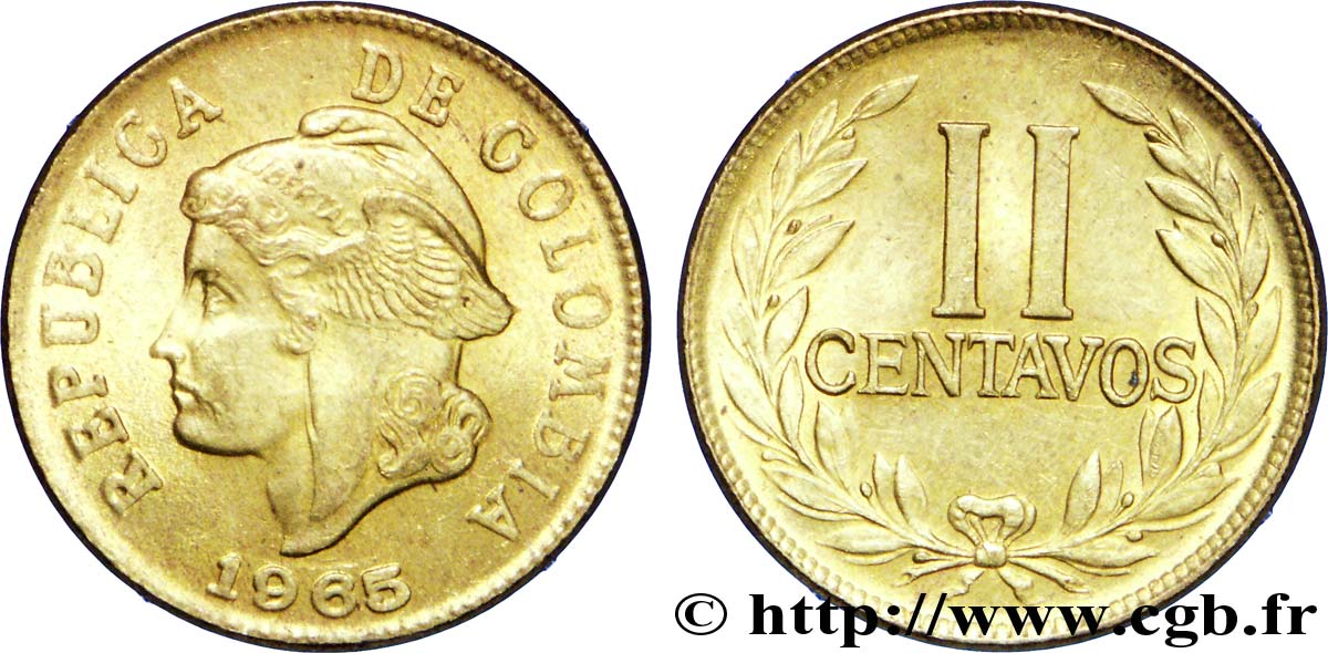 COLOMBIA 2 Centavos “Liberté “ au bonnet phrygien ailé 1965  EBC 
