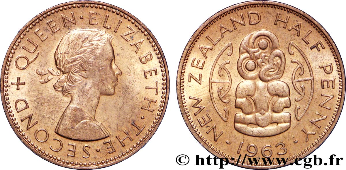 NOUVELLE-ZÉLANDE 1/2 Penny Elisabeth II / pendentif maori Hei Tiki 1963  SPL 
