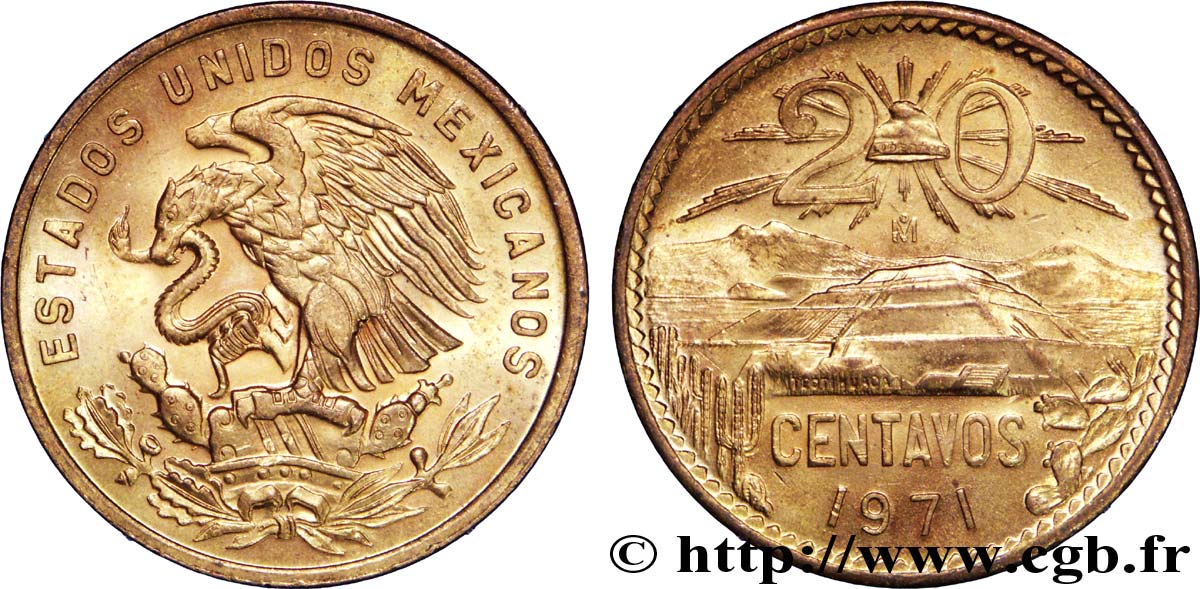 MÉXICO 20 Centavos aigle / pyramide de Teotihuaca 1971 Mexico SC 
