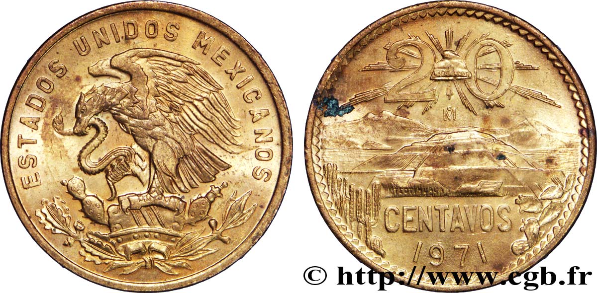 MESSICO 20 Centavos aigle / pyramide de Teotihuaca 1971 Mexico SPL 