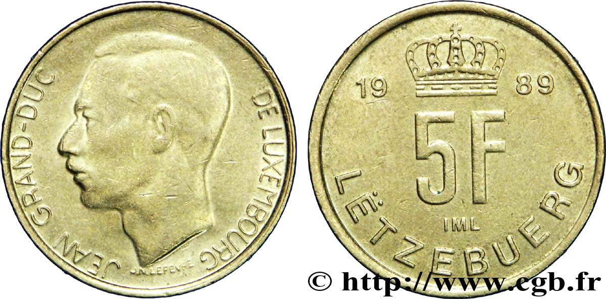 LUXEMBOURG 5 Francs Grand-Duc Jean / 5 F couronné 1989  TTB 
