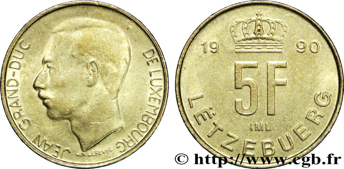 LUXEMBOURG 5 Francs Grand-Duc Jean / 1 F couronné 1988  AU 