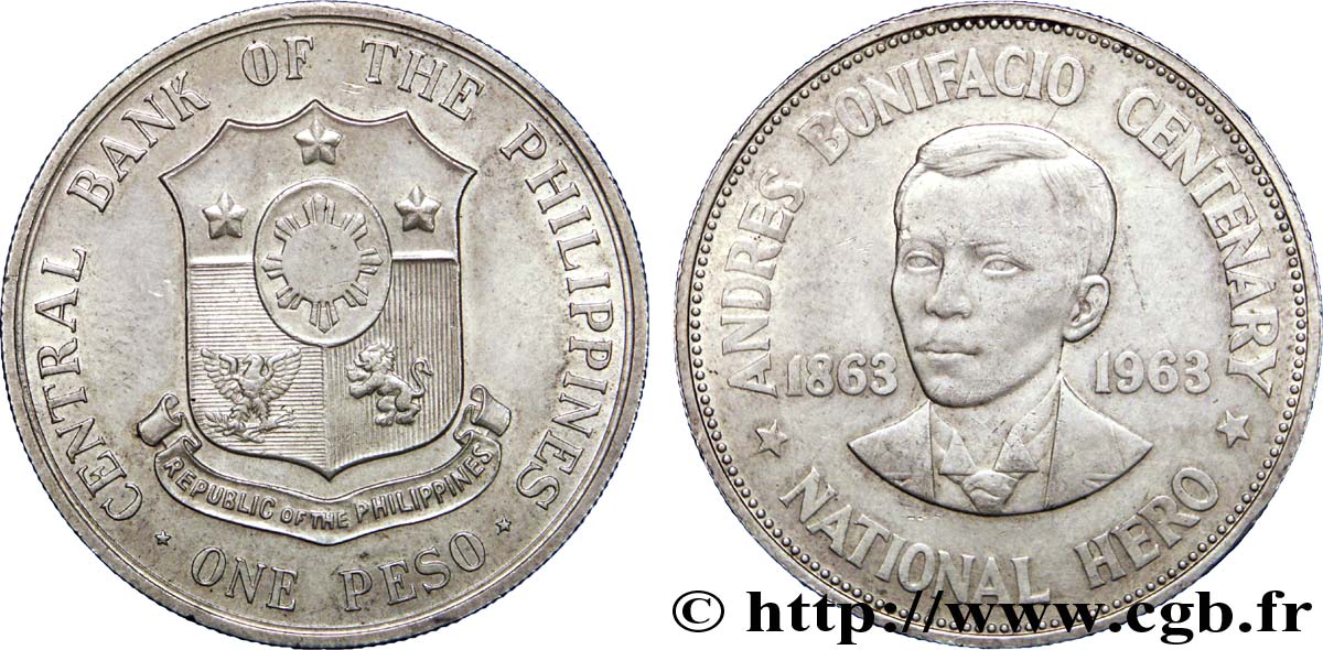 PHILIPPINES 1 Peso centenaire de la naissance d’Andres Bonifacio 1963  AU 