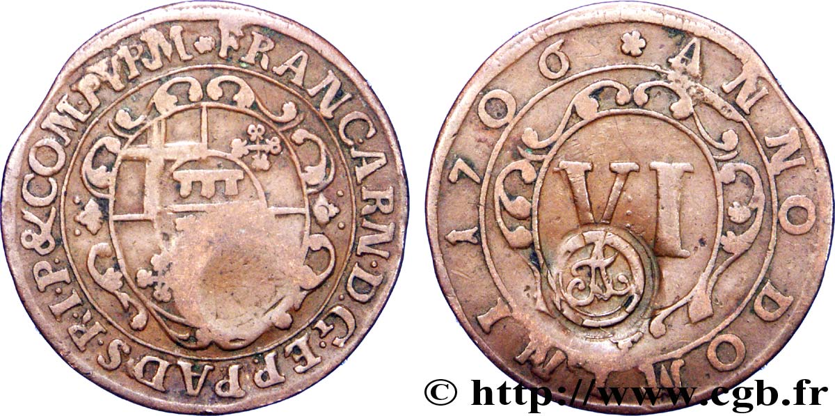GERMANY - PADERBORN 6 Pfennig emblème / monogramme surfrappé de Franz Arnold 1706  VF 