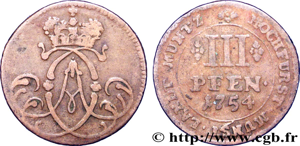 GERMANIA - MUNSTER 3 Pfenning monogramme du Prince-Évèque Clément Auguste 1754  MB 