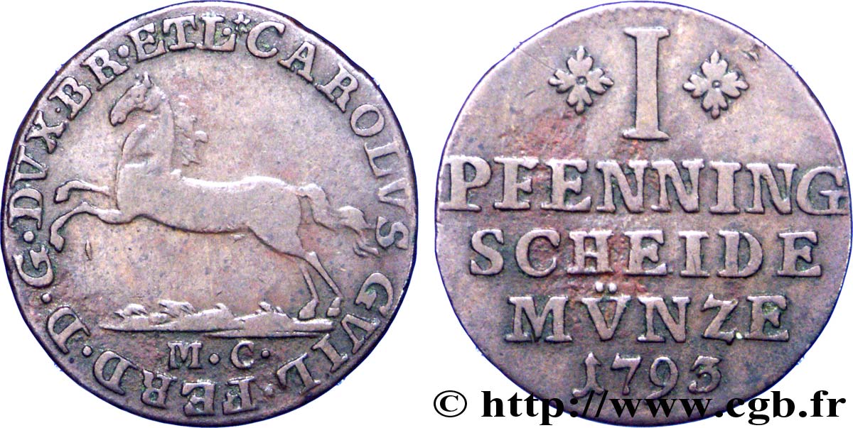 ALEMANIA - BRUNSWICK 1 Pfenning Brunswick-Wolfenbutel type au cheval bondissant 1793  MBC 