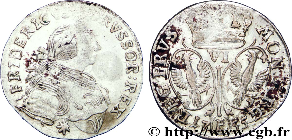 ALEMANIA - PRUSIA 6 Groschen Royaume de Prusse Frédéric II / aigles 1755 Königsberg - E BC 