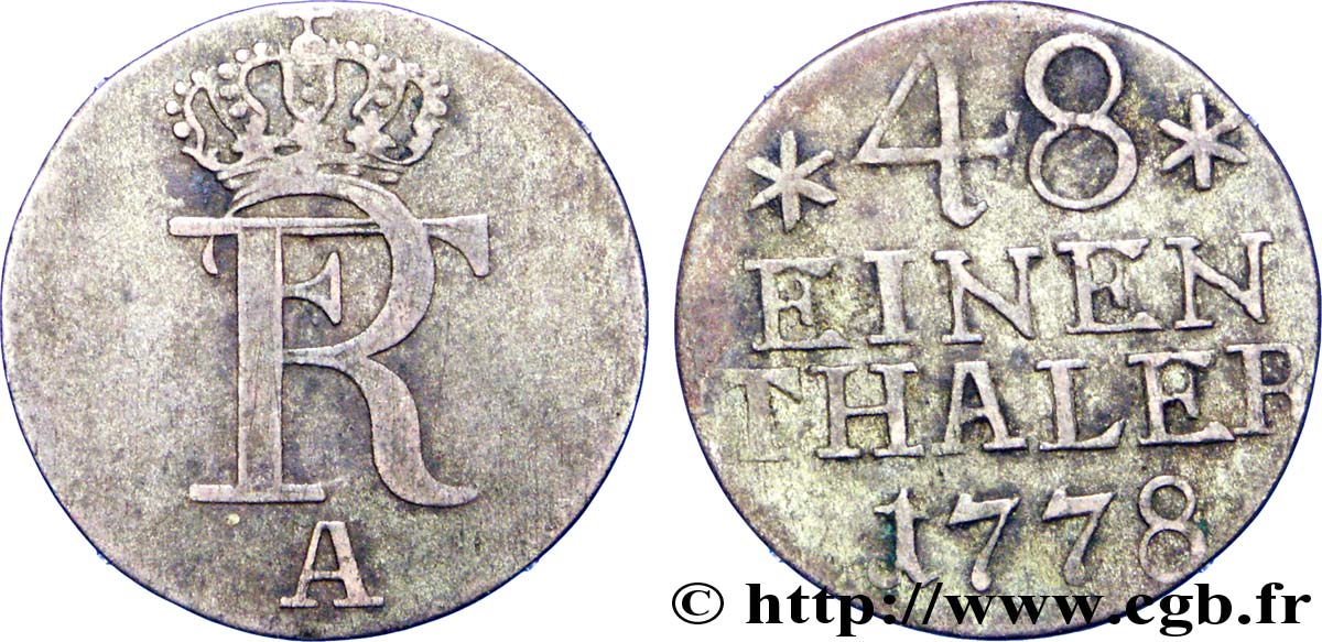 ALLEMAGNE - PRUSSE 1/48 Thaler Royaume de Prusse monogramme de Frédéric II 1778 Berlin TTB 