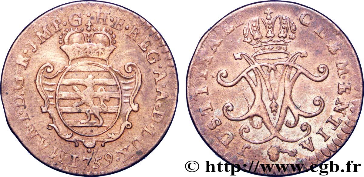 LUXEMBURGO 1 Liard emblème / monogramme couronné de Marie-Thérèse d’Autriche 1759 Bruxelles MBC 