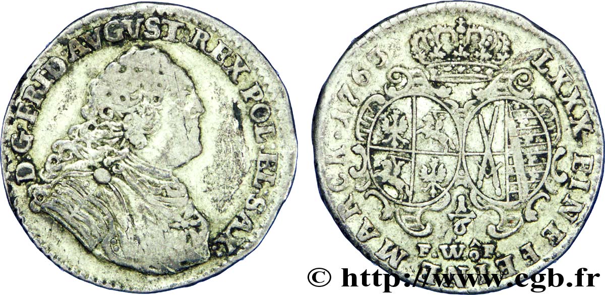 ALEMANIA - SAJONIA 1/6 Thaler Frédéric-August II électeur / blason 1763 Dresde BC 