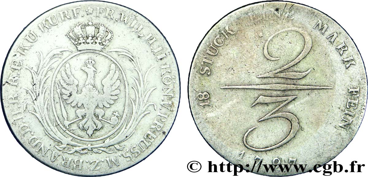 ALEMANIA - PRUSIA 2/3 Thaler (1 Gulden) Royaume de Prusse frappe au nom de Frédéric Guillaume / blason à l’aigle 1797 Berlin BC+ 