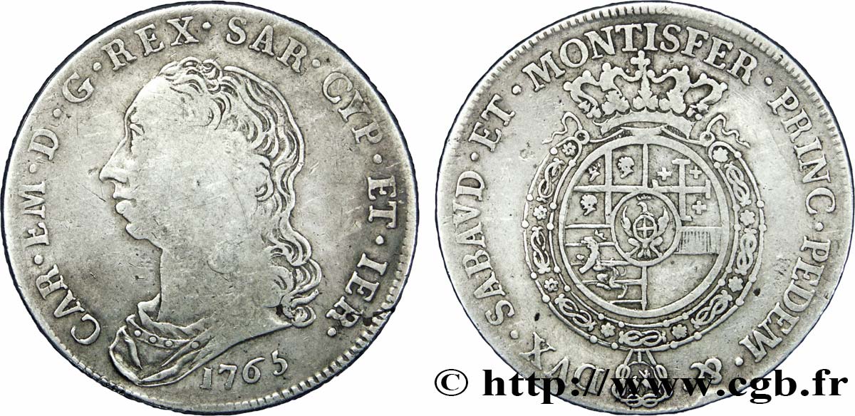 ITALIA - REGNO DE SARDINIA 1 Scudo Charles Emmanuel III, Roi de Sardaigne 1765 Turin MB 