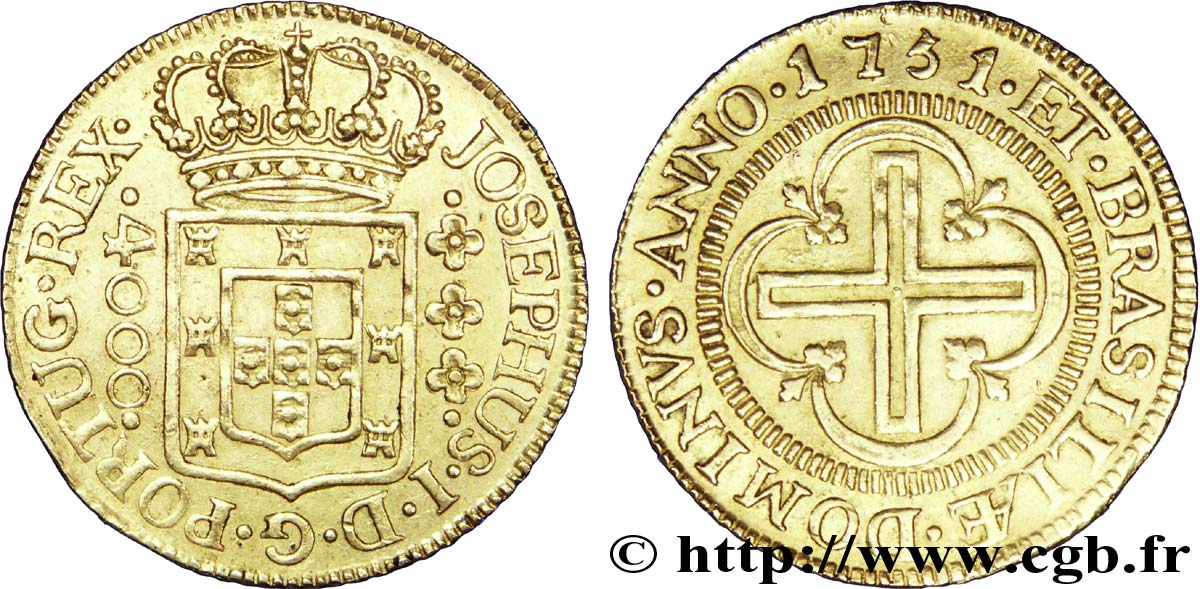 BRASIL 4000 Reis écu couronné / croix, frappe au nom de Joseph Ier du Portugal 1751  EBC 