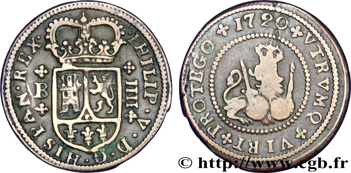 SPANIEN 4 Maravedis frappe au nom de Philippe V : écu / lion tenant une épée et un globe 1720 Burgos fSS 
