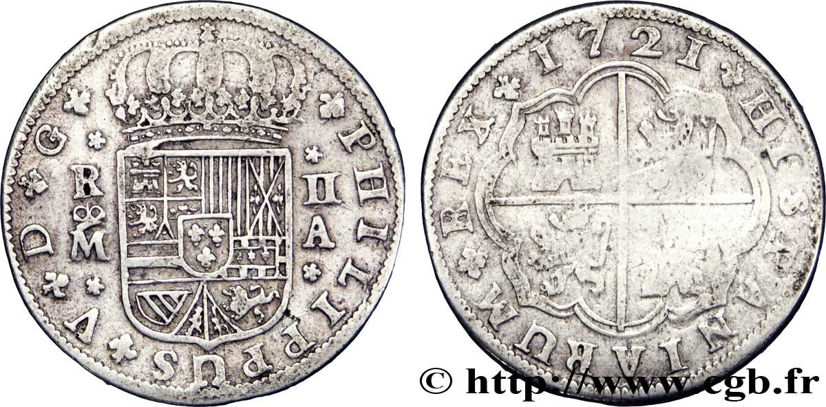 SPAGNA 2 Reales au nom de Philippe V 1721 Madrid MB 