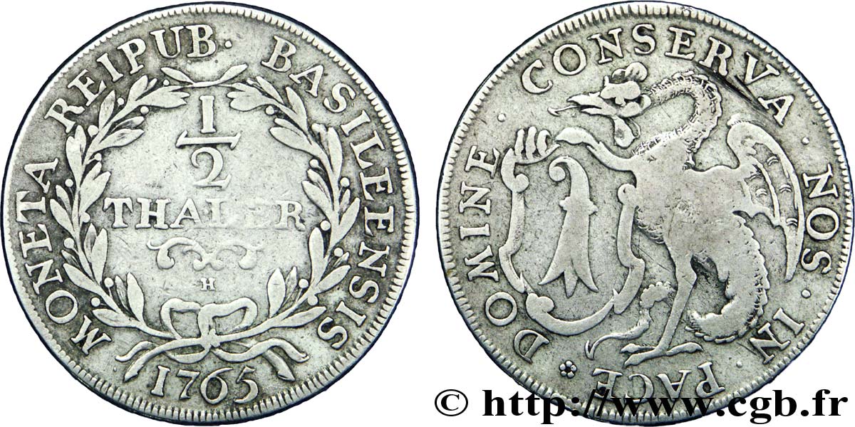 SWITZERLAND - Cantons  coinages 1/2 Thaler ville de Bâle, dragon ailé 1765  VF 