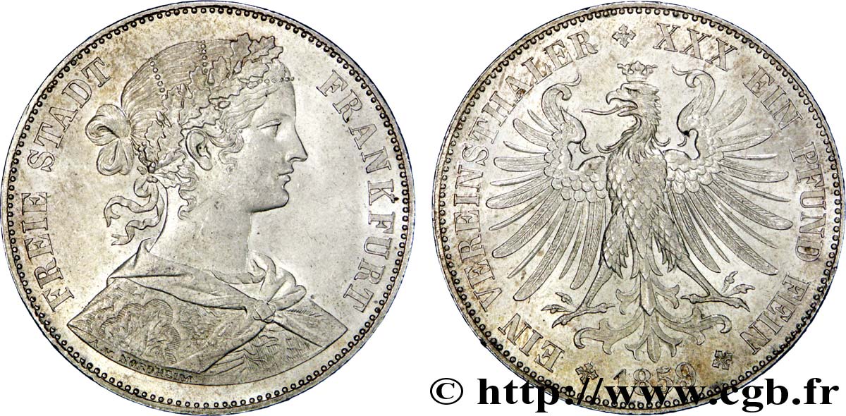 GERMANIA - LIBERA CITTA DE FRANCOFORTE 1 Vereinsthaler Francofurtia / aigle héraldique 1859  SPL 