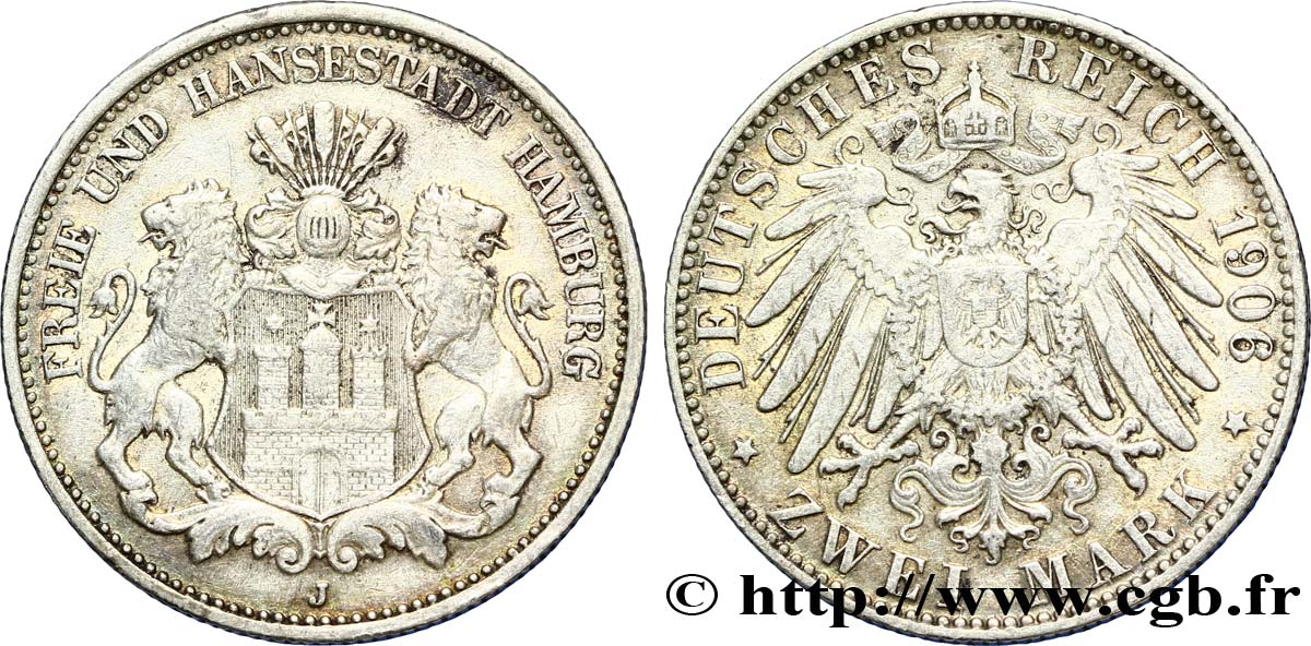 GERMANIA - LIBERA CITTA DE AMBURGO 2 Mark blason de Hambourg / aigle 1906 Hambourg - J BB 