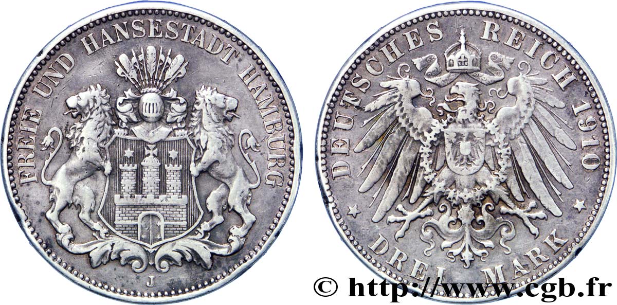 GERMANY - HAMBURG FREE CITY 3 Mark armes de la ville / aigle impérial héraldique 1910 Hambourg - J XF 
