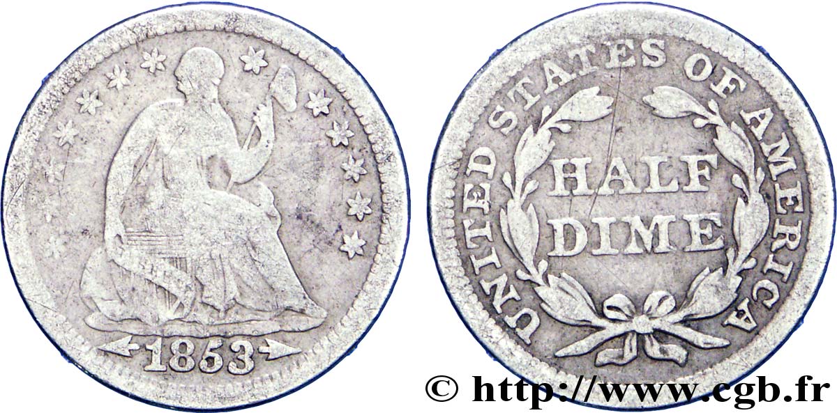 ESTADOS UNIDOS DE AMÉRICA 1/2 Dime Liberté assise variété avec date encadrée par des flèches 1853 Philadelphie BC 