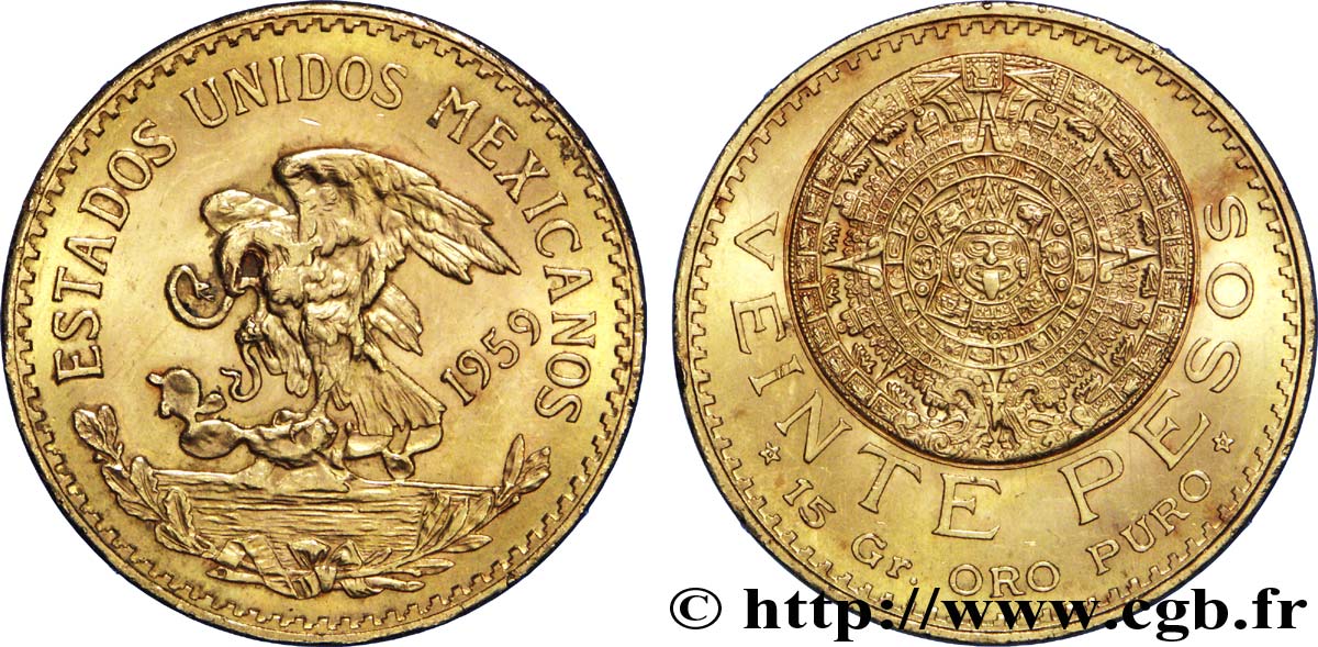MESSICO 20 Pesos or Aigle du Mexique / la “Pierre du Soleil” (calendrier aztèque) 1959 Mexico MS 