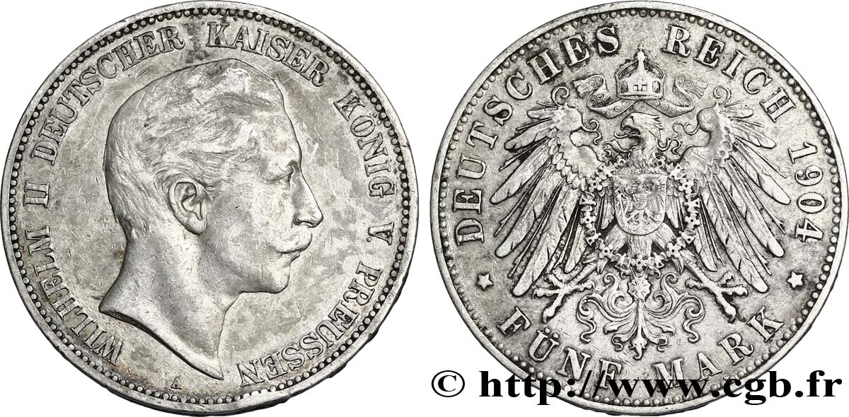 GERMANIA - PRUSSIA 5 Mark Guillaume II / aigle 1904 Berlin BB 