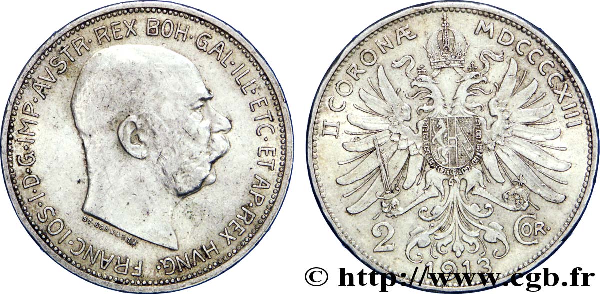 AUSTRIA 2 Corona François-Joseph Ier  / aigle héraldique 1913  EBC 