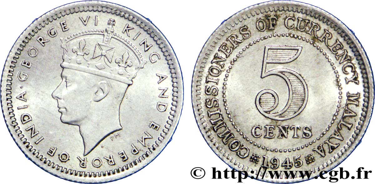 MALESIA 5 Cents Commisionners of Currency Board Georges VI 1945  q.SPL 