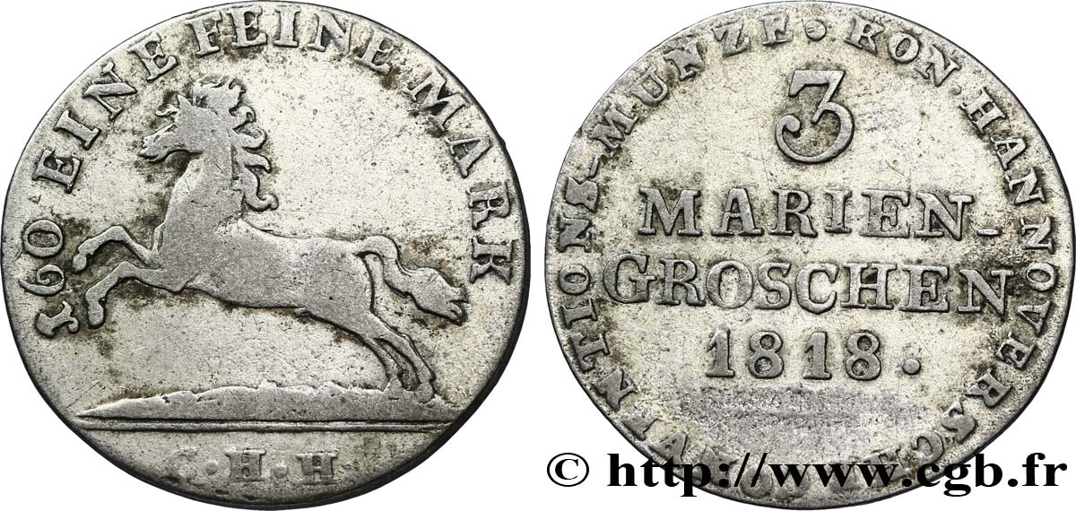 GERMANY - HANOVER 3 Mariengroschen Royaume de Hanovre  cheval 1818  VF 