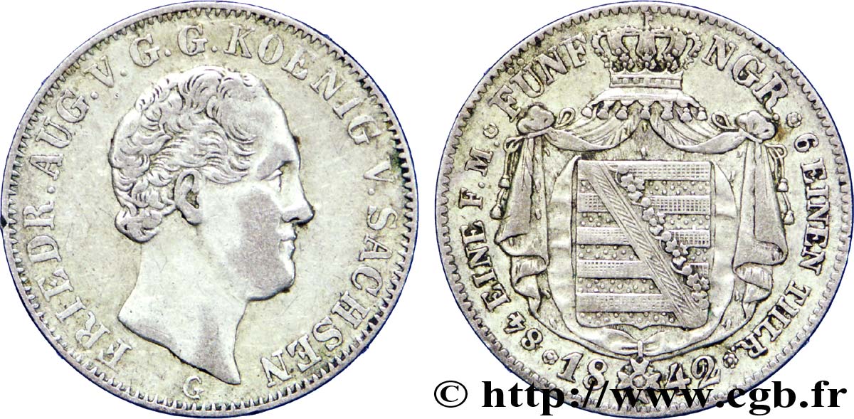 ALEMANIA - SAJONIA 1/6 Thaler Royaume de Saxe Frédéric Auguste II / blason 1842 Dresde MBC 